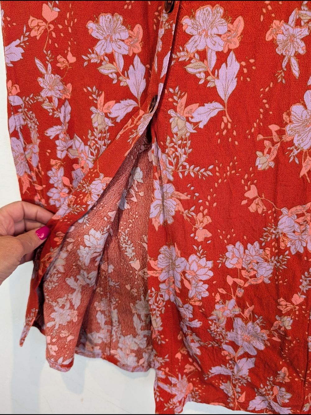 Free People Floral Button-Front Midi Skirt in Red with Lilac Accents - Picture 2 of 5